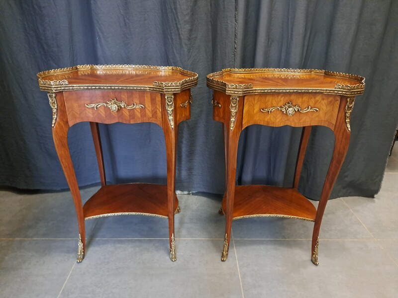 Pair of Louis XV style lounge tables in rosewood and gilded bronze