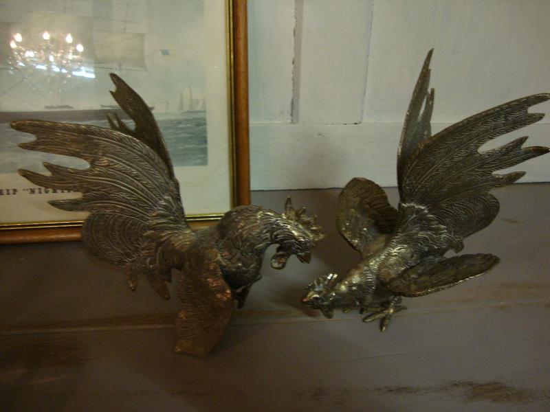 Pair of metal silver plated fighting coqs