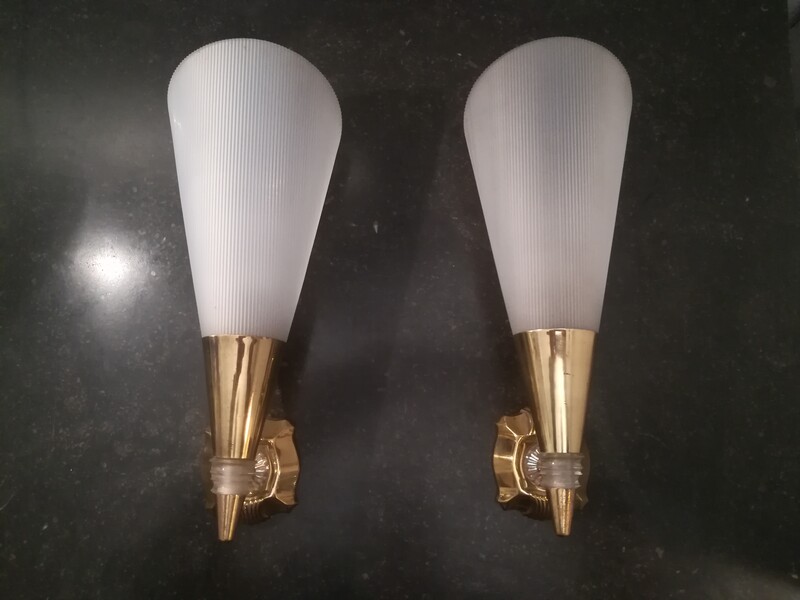 Pair of plexiglas and brass adjustable wall lights