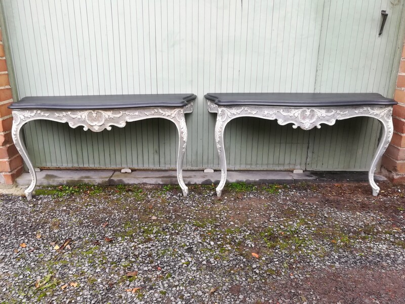 Pair of Louis XV style beech painted consoles 