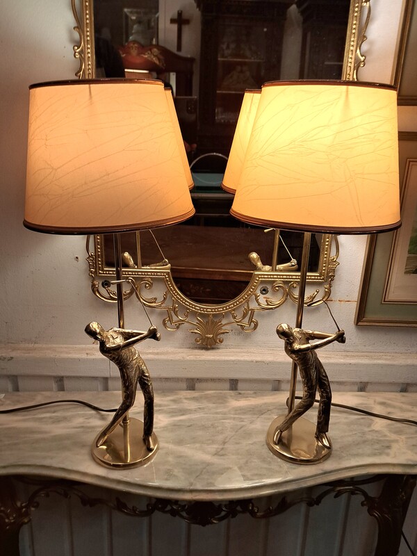 Pair of gilded bronze golfer lamps