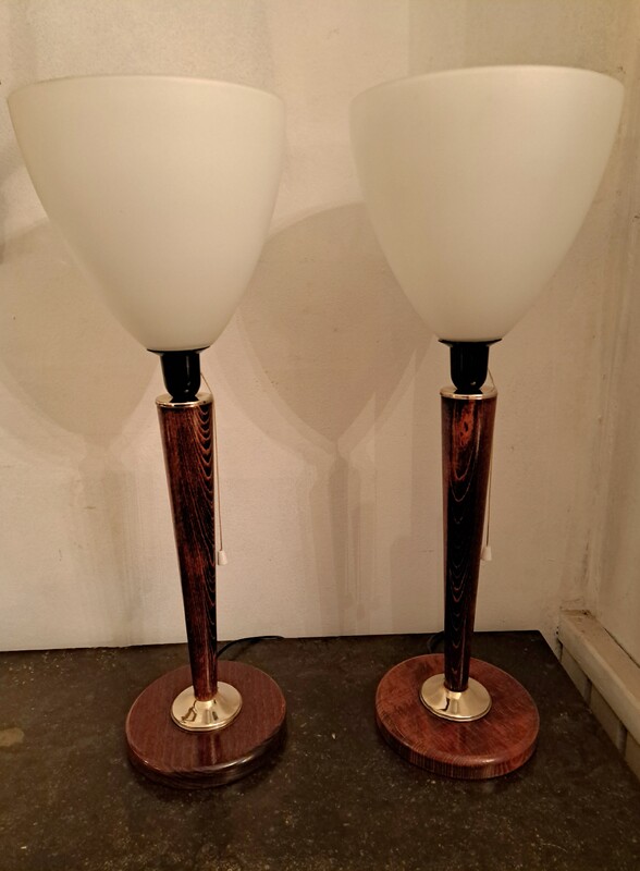 Pair of wooden and gilt brass Unilux opaline tulip lamps 