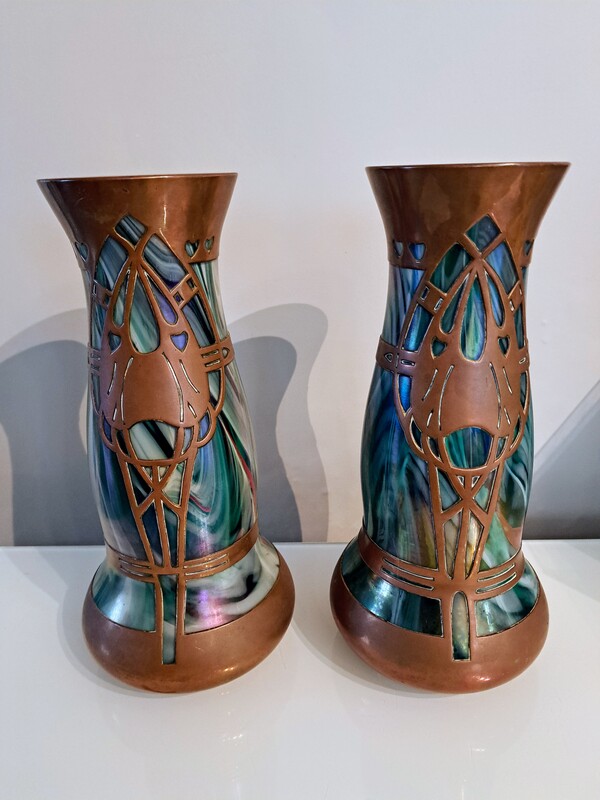 Pair of Art Nouveau vases in Jasper glass and copper
