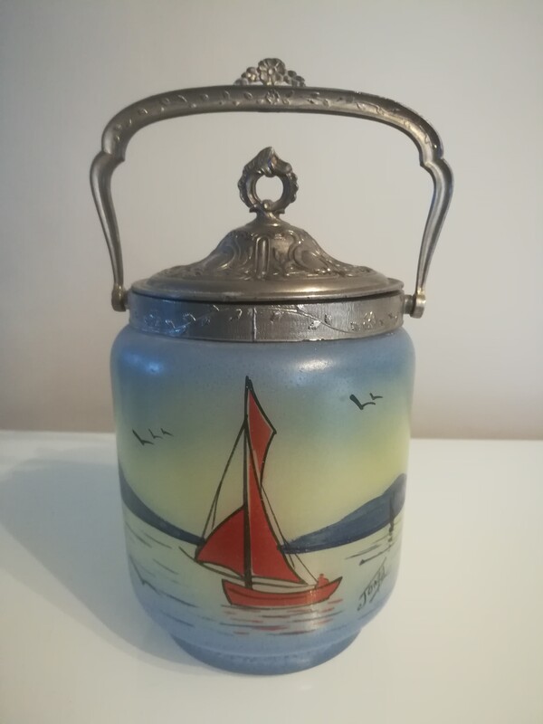 Enamel glass and silvered spelter bucket biscuits