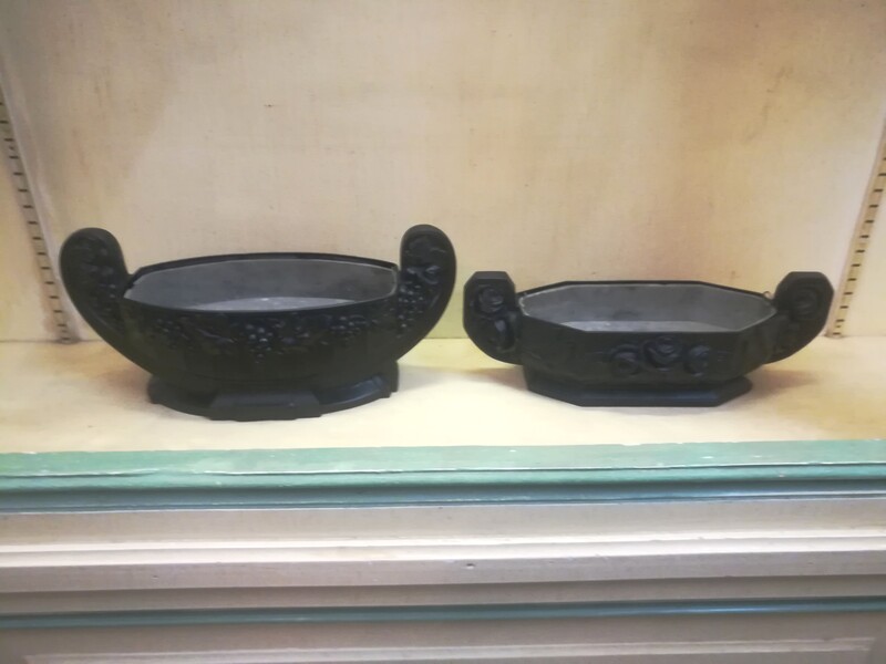 Set of 2 black patinated metal art deco planter pots