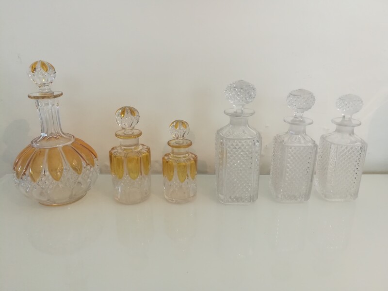 Set of 6 cut crystal perfume bottles