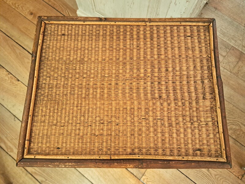 Side table made of bamboo and woven straw