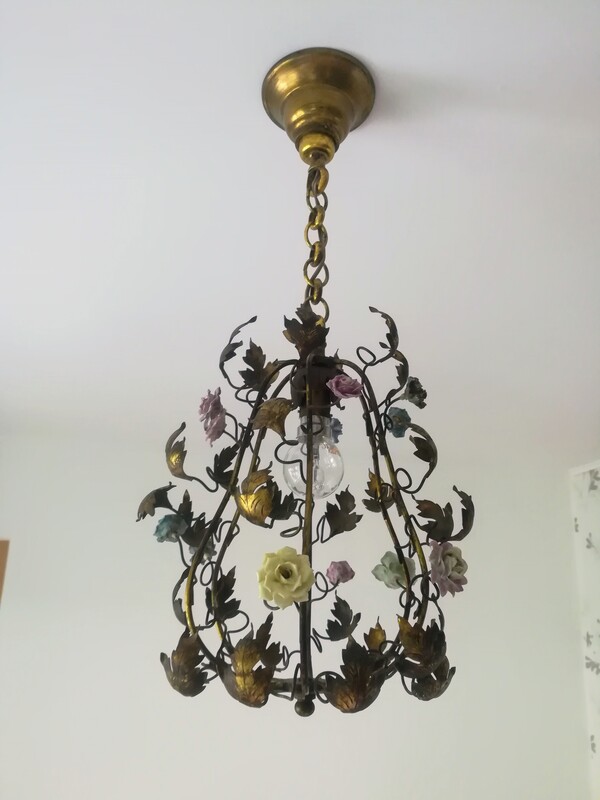 Small brass and multicolored porcelain flowers cage chandelier