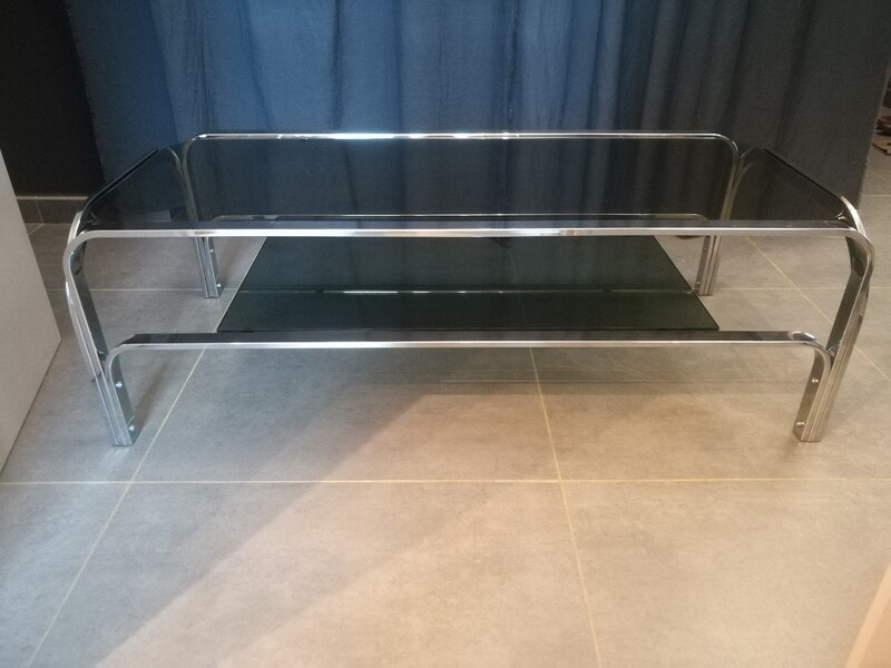 Chromed curved metal and smocked glass coffee table