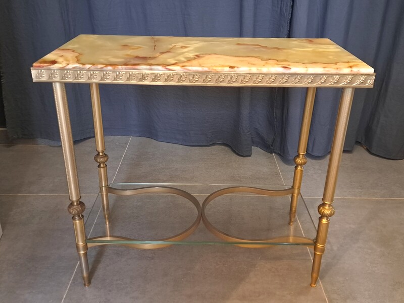 Gold metal side table with onyx and glass tops