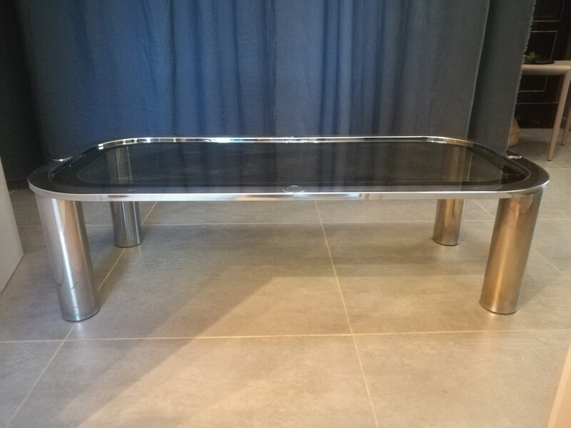 Chromed and smocked glass top coffee table