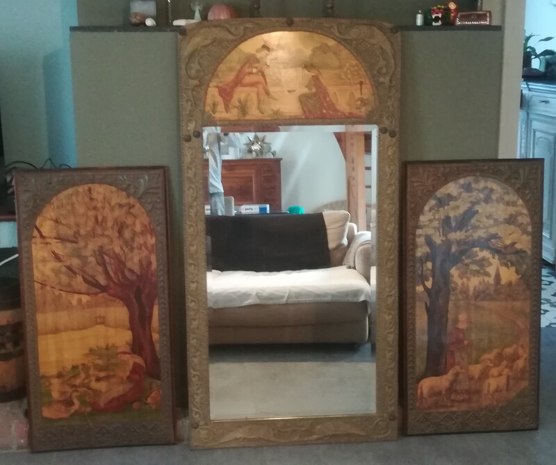 Wood painted and embossed copper triptych with 1 mirror and 2 panels