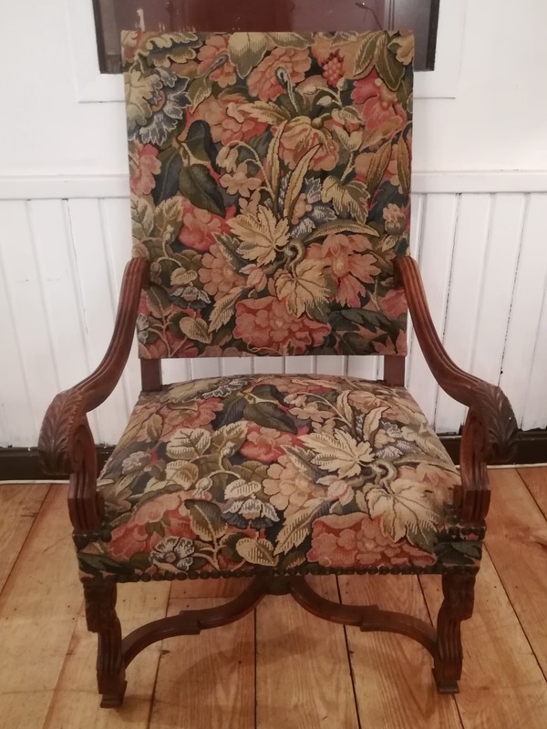 Walnut XVIIth century style upholstered armchair 