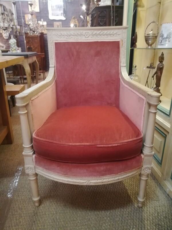 Wood painted and pink velvet Consulat style armchair